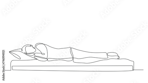 Continuous single line sketch drawing of man sleeping on pillow bed one line lifestyle vector illustration