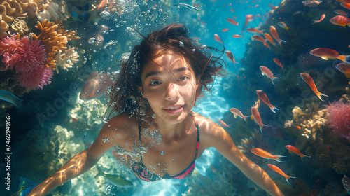 An underwater shot capturing a joyful young asian woman diving with tropical fish, surrounded by the beauty of the ocean.