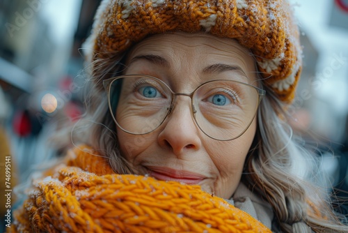 urprised senior woman with knit hat, close-up, expressive. photo