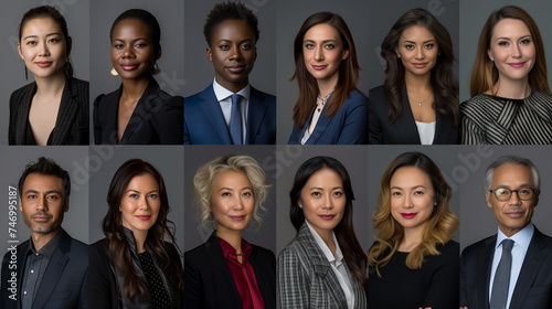 Grid of diverse professional business people portraits in formal attire. Studio quality light and makeup.