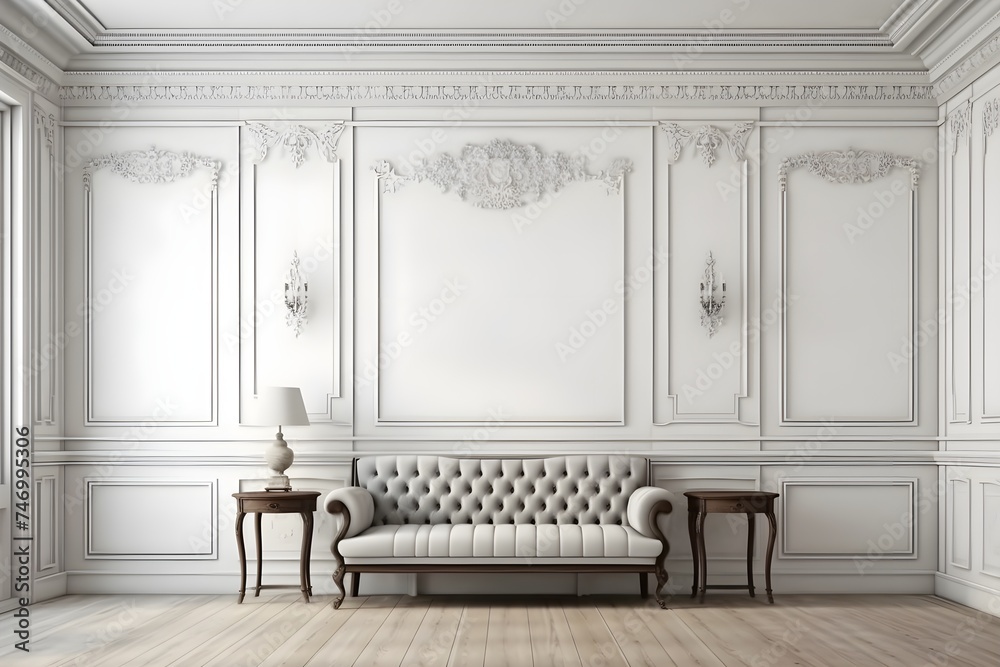 Classic interior with classic furniture and copy space. White walls with elegant cornice and moldings