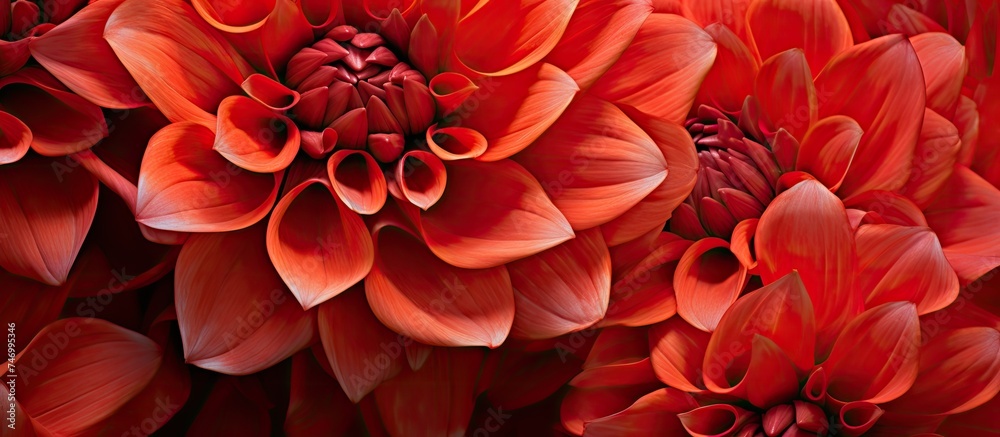 Detailed close-up view of a cluster of vibrant red flowers, showcasing their mesmerizing petals in stunning detail. The flowers are in full bloom, displaying their striking colors and intricate Detailed close-up view of a cluster of vibrant red flowers, showcasing their mesmerizing petals in stunning detail. The flowers are in full bloom, displaying their striking colors and intricate