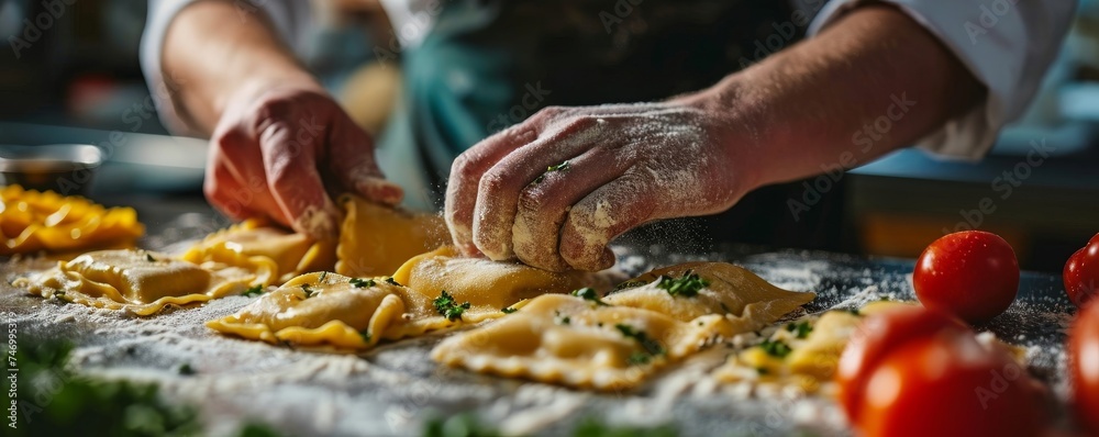 professional chef hands wrapping and filling preparing ravioli dough pasta dish and arrange and decorate it as a wide banner for fine dining in Italian cuisine food restaurant, Generative AI - obrazy, fototapety, plakaty 