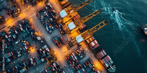 Aerial view of international trading supply chain seaport full of Containers loading with cranes onto cargo ship for shipping logistics of business import export freight, Generative AI