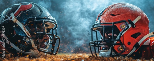 wide poster of hothead to head American football helmets challenge match advertisement banner with the VS  versus concept with copyspace, Generative AI photo