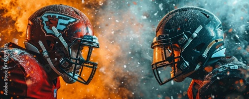 wide poster of hothead to head American football helmets challenge match advertisement banner with the VS  versus concept with copyspace, Generative AI