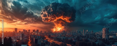 huge natural disaster or nuclear explosion mushroom cloud effect over city skyline for apocalyptical aftermath of nuclear attach or the use of mass destruction weapons. Generative AI photo