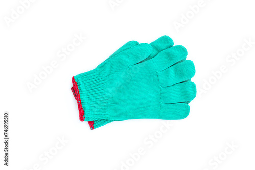 Green fabric gloves with red edge isolated on white background, Green cotton gloves
