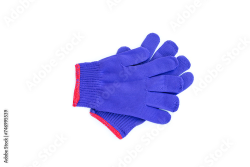 Purple fabric gloves with red edge isolated on white background, Purple cotton gloves