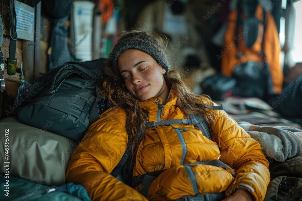 A female backpacker resting peacefully with a headband, lying among her gear in a cozy hostel environment. A female backpacker resting peacefully with a headband, lying among her gear in a cozy hostel environment.