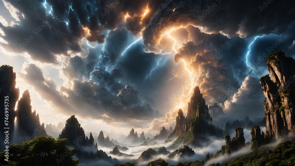 Imagine a celestial gathering of clouds in the sky, each representing a different mythical being or creature. Describe the interactions and events taking place among these heavenly entities - obrazy, fototapety, plakaty 