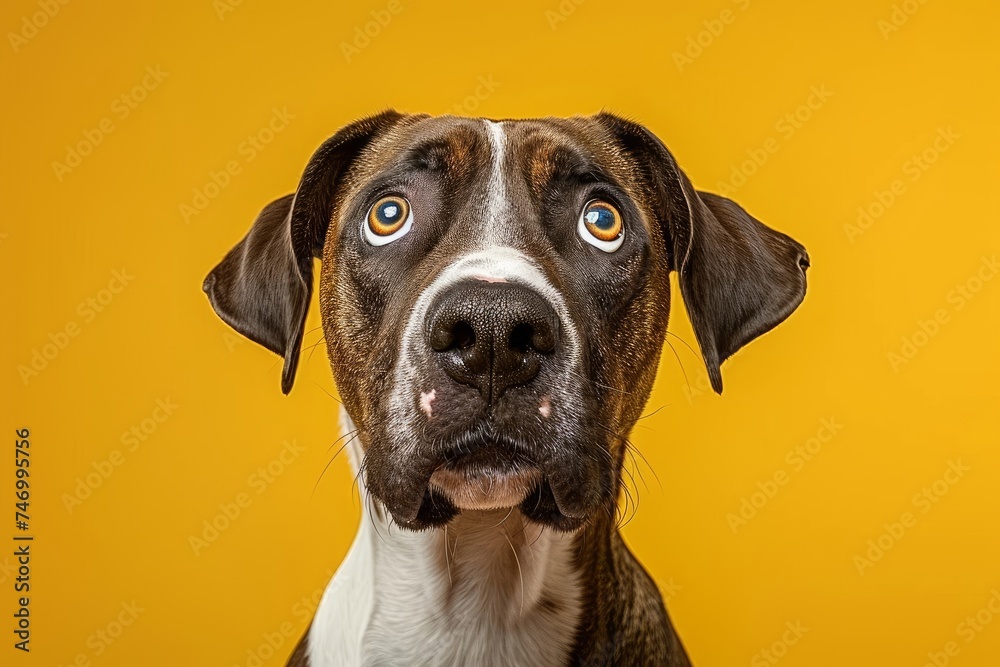 Funny portrait of a dog whose face shows stress, alertness, worry, fear, and begging. Stands out against a yellow background. Generative AI - obrazy, fototapety, plakaty 