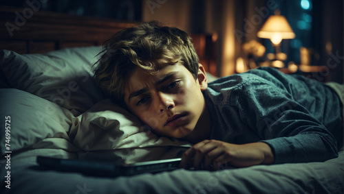 boy is addicted to a phone Sleepy exhausted © Prinxe