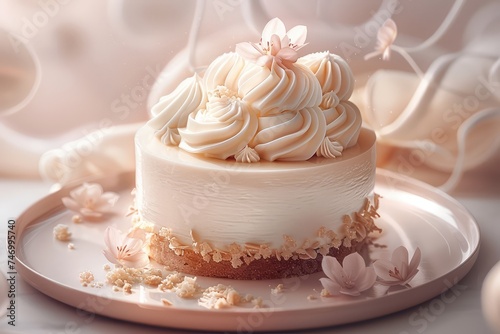 food photograph featuring a beautiful vanilla cream cake crafted in molecular kitchen style, beautifully decorated