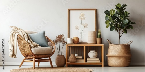 Stylish home decor with modern bohemian vibes featuring retro chair rattan basket wooden cube books flowers mock up poster frames and elegant accessories With copyspace  Generative AI