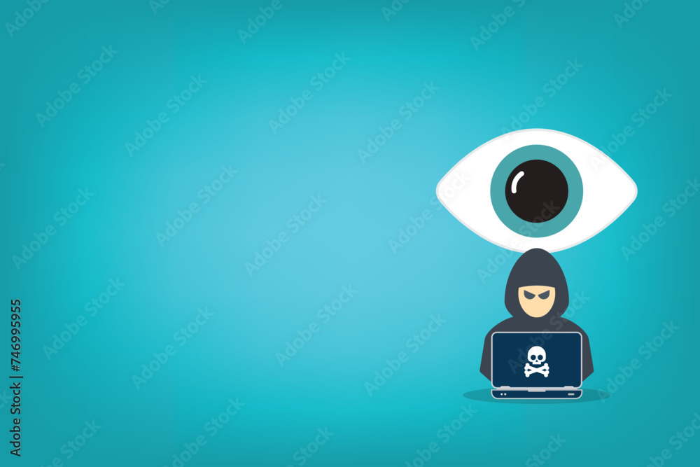 Hacker watching your every move on web. Hacker with laptop computer stealing confidential data, personal information and credit card detail. Hacking concept. Hacker watching your every move on web. Hacker with laptop computer stealing confidential data, personal information and credit card detail. Hacking concept.