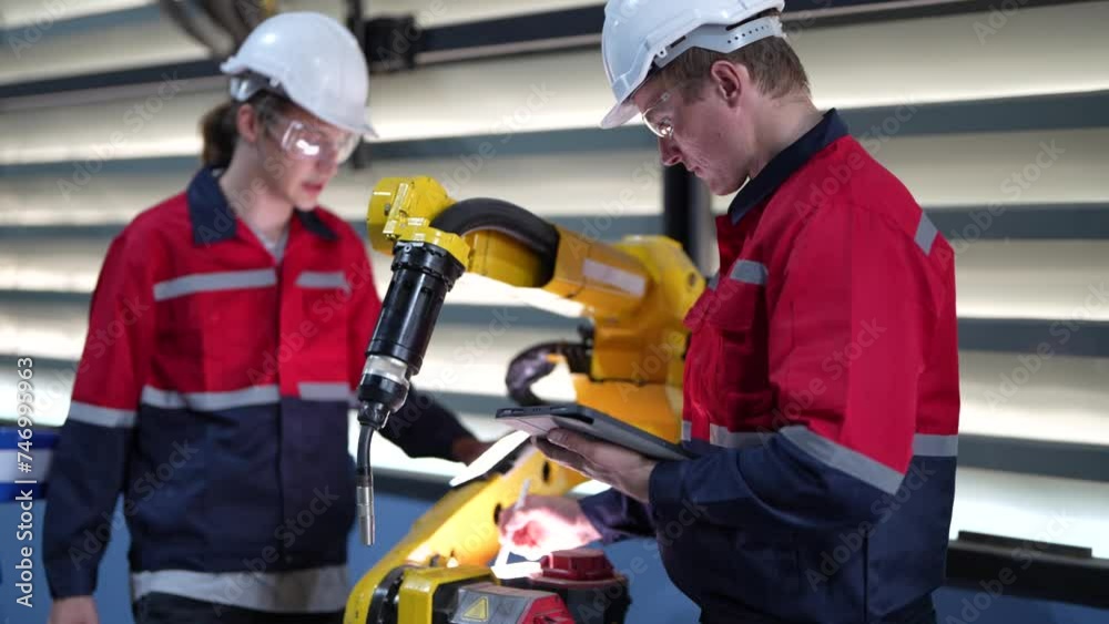 engineers are checking the machine. Heavy Industrial robotic arms welding in a factory. A machine is moving for calibration to operate. High Precision Robot Arms on Fully controlled by the engineer. engineers are checking the machine. Heavy Industrial robotic arms welding in a factory. A machine is moving for calibration to operate. High Precision Robot Arms on Fully controlled by the engineer.