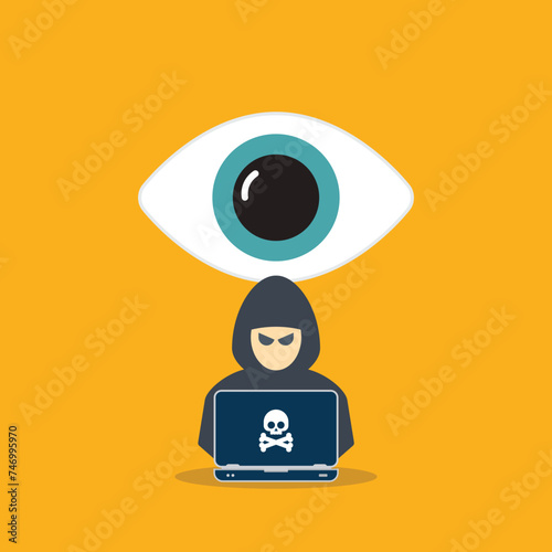 Hacker watching your every move on web. Hacker with laptop computer stealing confidential data, personal information and credit card detail. Hacking concept. 