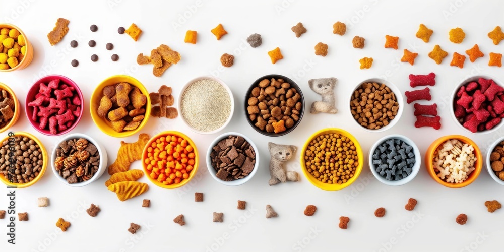 Top view of pet food toys accessories on white background Best products for all cat and dog life stages, Generative AI Top view of pet food toys accessories on white background Best products for all cat and dog life stages, Generative AI