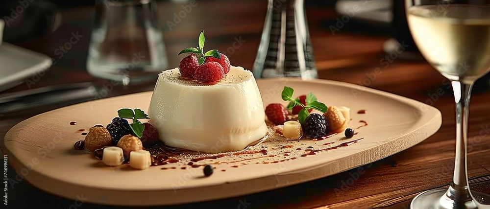 The restaurants exquisite presentation of the creamy vanilla panna cotta dessert on a wooden table, with elegant decoration, showcased the chefs skilled cooking and attention to detail, Generative AI - obrazy, fototapety, plakaty 