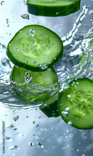 Cucumber slices thrown into water on a light background