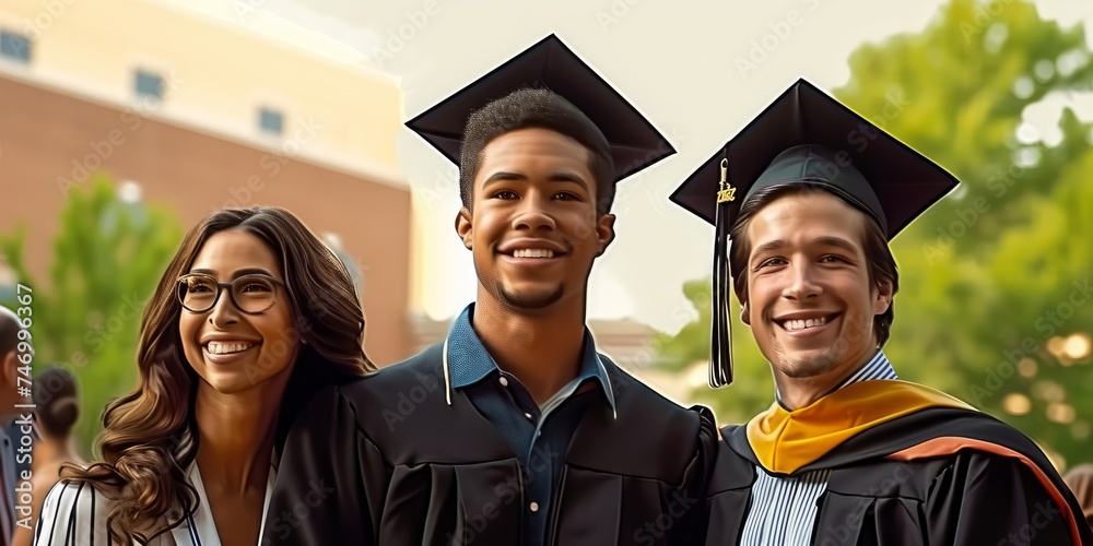 Male student proudly stands with parents at graduation, Generative AI ...