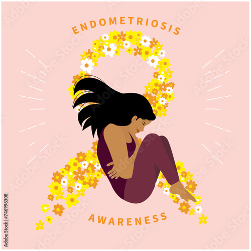 woman with pelvic pain over a yellow endometriosis ribbon made of flowers