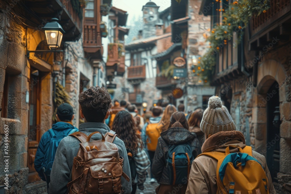 A group of tourists exploring a charming old town with cobblestone streets and rustic buildings, adorned with festive decorations.