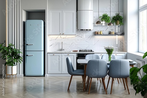 A modern kitchen with white walls, blue and white furnishings, a fridge, a stove, and a sizable dining table is seen from the front. idea of freshly prepared meals. Generative AI