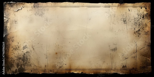 Front view of a detailed studio shot showcasing a vintage and antique art concept featuring a blank aged paper sheet that serves as an old dirty frame, Generative AI