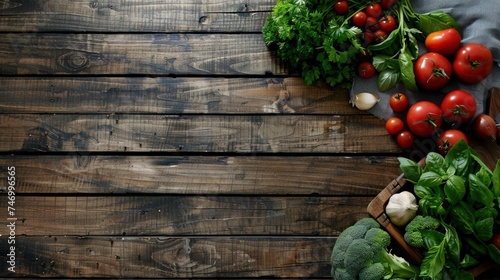 various kinds of healthy and fresh food options on a rustic wooden background