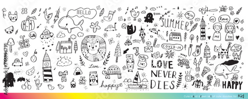 Vector illustration of Doodle cute for kid  Hand drawn set of cute doodles for decoration Funny Doodle Hand Drawn  Summer  Doodle set of objects from a child s life Cute animal