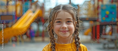 A little girl grinning at a playground or outdoor play area for kids that has slides.