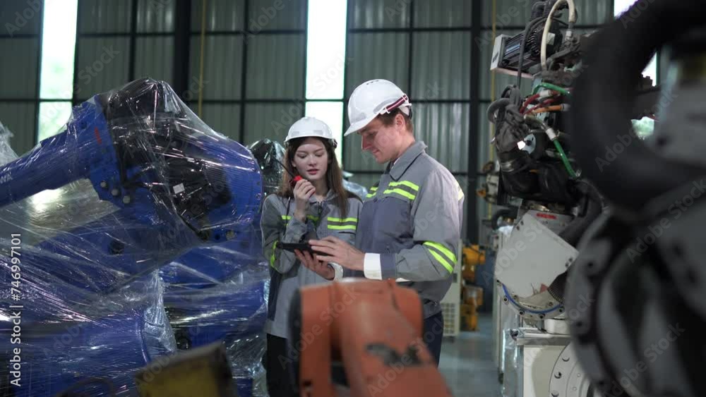 engineers are checking the machine. Heavy Industrial robotic arms welding in a factory. A machine is moving for calibration to operate. High Precision Robot Arms on Fully controlled by the engineer. engineers are checking the machine. Heavy Industrial robotic arms welding in a factory. A machine is moving for calibration to operate. High Precision Robot Arms on Fully controlled by the engineer.