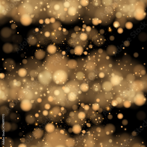 Glowing Particles Stock Image In Black Background, Festive abstract Christmas texture, golden bokeh particles and highlights on dark background. High quality photo