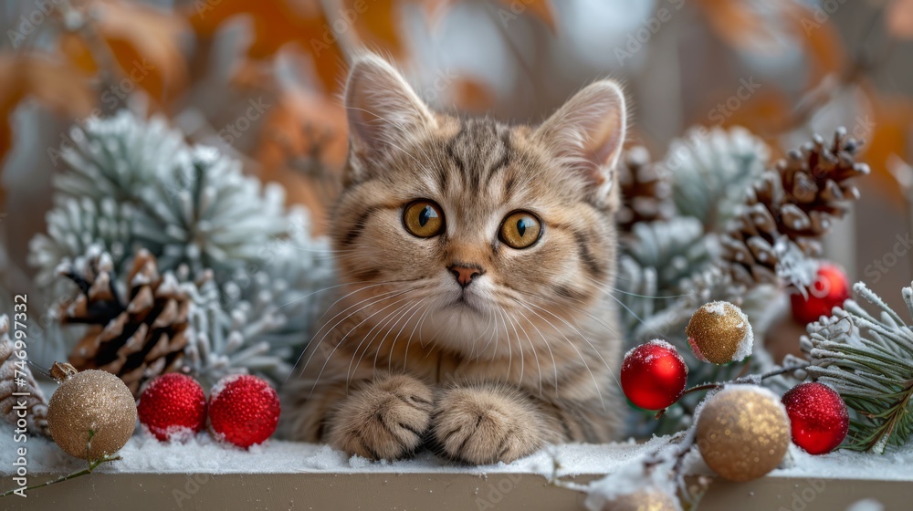 British kitten, Christmas and New Year, portrait cat on a studio color background British kitten, Christmas and New Year, portrait cat on a studio color background