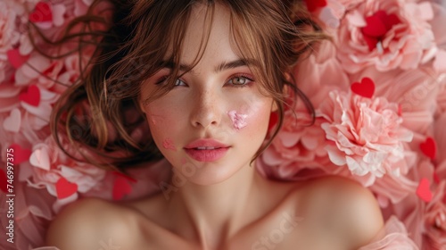 Gorgeous, joyful, cheerful girl posing with red decorations in her hands. Portrait of brown-haired woman in pink outfit against background of confetti in shape of hearts 