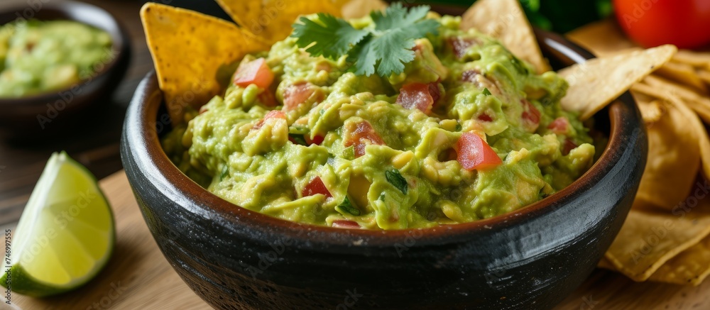 A vibrant bowl of gula complemented by crispy chips and fresh lime slices