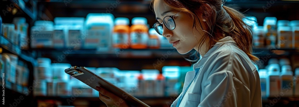 In a drugstore with shelves filled with different medications, a female pharmacist arranges a product list or consults a clipboard. In a drugstore with shelves filled with different medications, a female pharmacist arranges a product list or consults a clipboard.