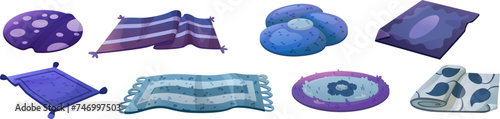 Blue carpet of different shape and size with pattern. Cartoon vector illustration set of cozy round and rectangular fabric cloth rug and mat with tassel and fringed for home floor decoration.