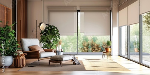 Motorized roller blinds automatic solar shades modern interior with relax chair electric sunscreen curtains for smart home, Generative AI photo