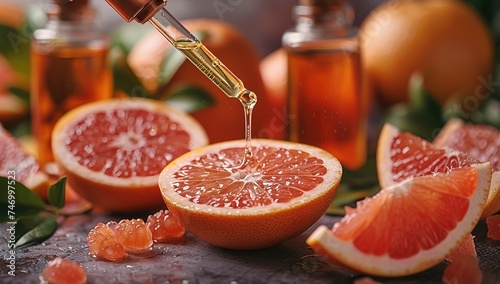 Dripping grapefruit essential oil from pipette into bottle and fresh fruit on table, closeup photo