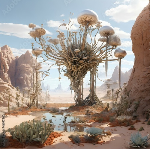 A surreal desert landscape transformed by AI-generated ecosystems, Generative Ai