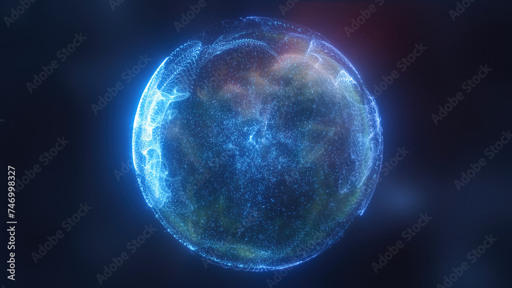 Blue energy magic circle, sphere, ball made of futuristic waves and lines of particles of atomic energy and electricity force field. Abstract background Blue energy magic circle, sphere, ball made of futuristic waves and lines of particles of atomic energy and electricity force field. Abstract background