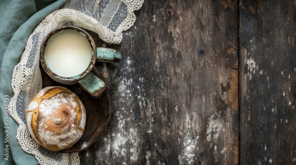a loaf of bread sitting on top of a wooden table next to a cup of milk and a glass of milk. a loaf of bread sitting on top of a wooden table next to a cup of milk and a glass of milk.