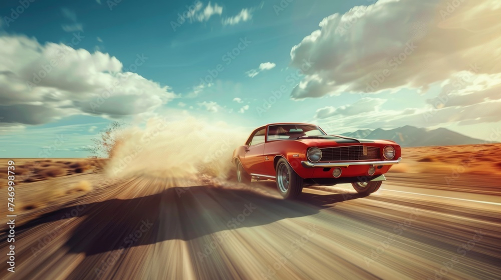 A classic orange muscle car kicks up dust as it races down a remote desert road under a wide-open sky.