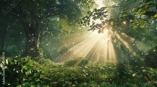 Mystical forest bathed in sunlight with dandelion seeds floating in the air  creating a serene and magical atmosphere.