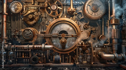 Close-up view of a complex steampunk gear mechanism with interlocking cogs and steam pipes, exuding a vintage industrial vibe. © doraclub