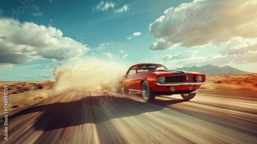 A classic orange muscle car kicks up dust as it races down a remote desert road under a wide-open sky. © doraclub