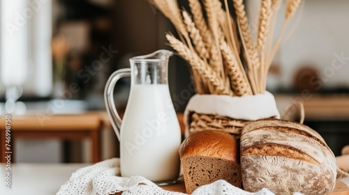 a table topped with bread and a jug of milk next to a loaf of bread and a glass of milk. photo